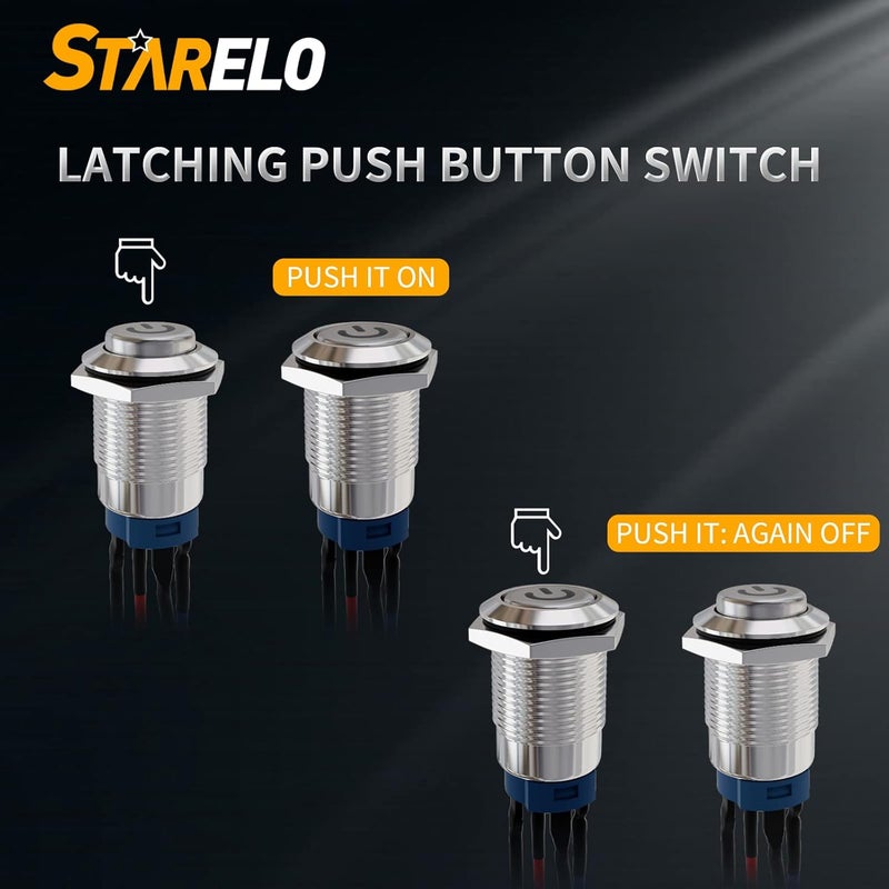 STARELO 5PCS 12mm Latching LED Push Button Switch Mini Round Silver Shell with Pre-Wired, Power Mark Logo, IP65 Waterproof Push Button Switch, 1NO 1 Normally, Self Latching (Blue) with LED. - Image 5